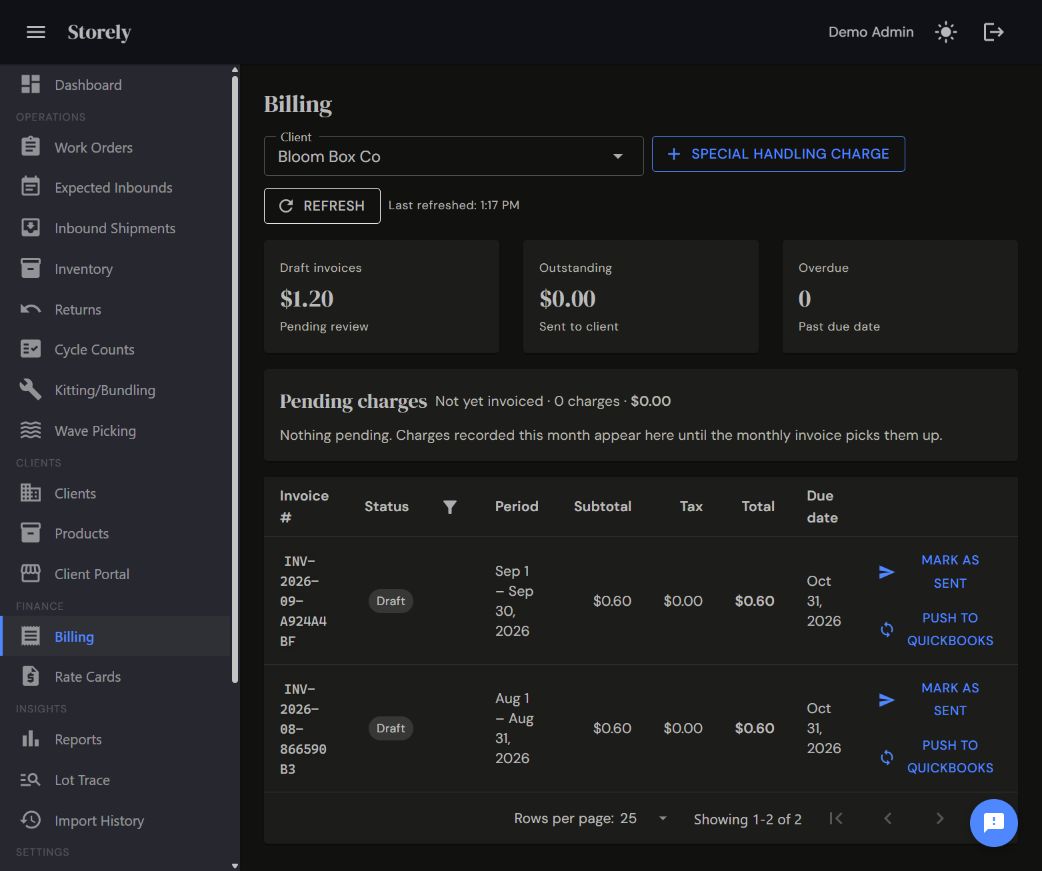 Storely billing for demo client Bloom Box Co, with draft invoice totals, pending charges, and invoice statuses in dark mode.