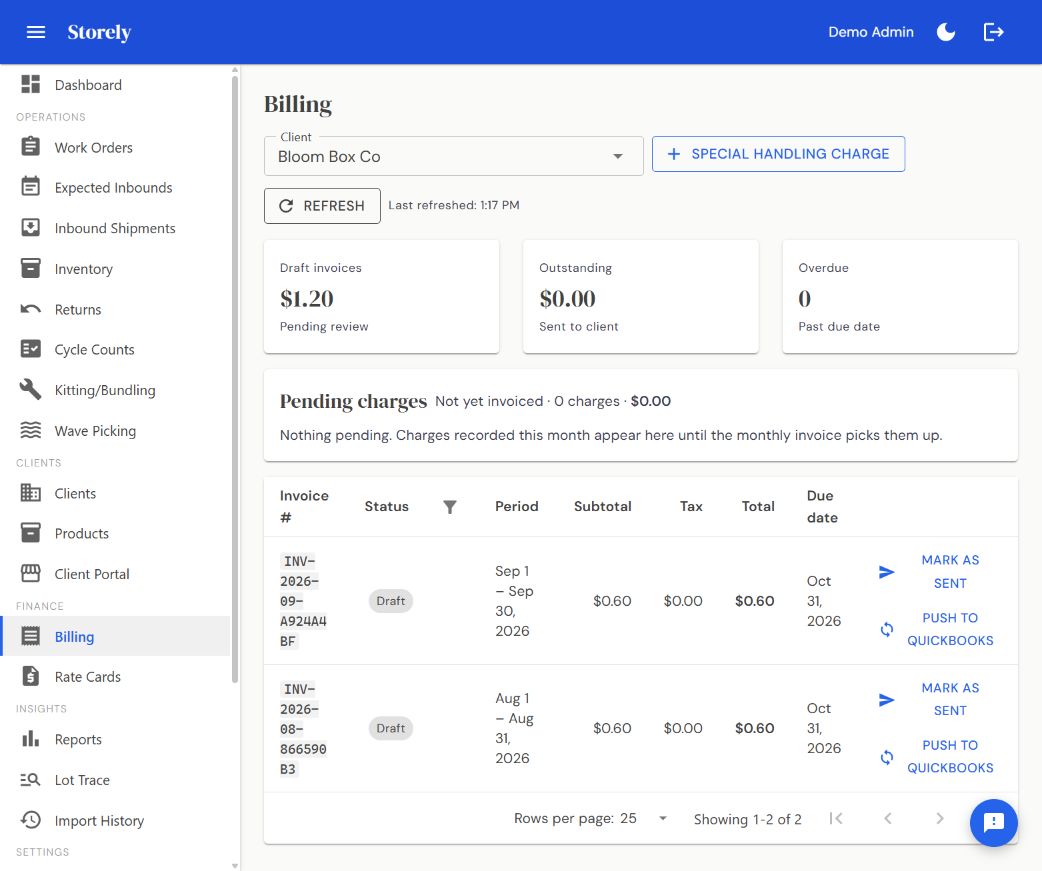 Storely billing for demo client Bloom Box Co, with draft invoice totals, pending charges, and invoice statuses in light mode.