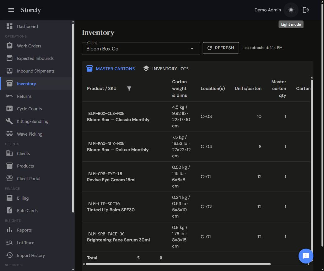 Storely inventory for demo client Bloom Box Co, showing product SKUs, carton dimensions, warehouse locations, and units per carton in dark mode.