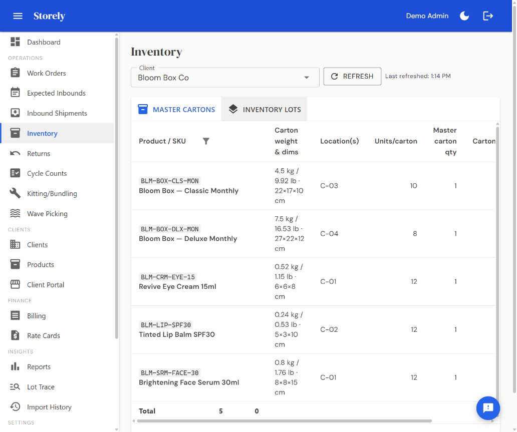 Storely inventory for demo client Bloom Box Co, showing product SKUs, carton dimensions, warehouse locations, and units per carton in light mode.